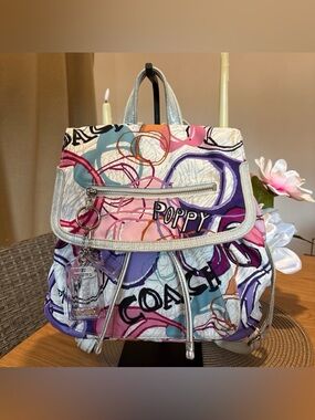 Coach Poppy Scribble C Backpack Silver Hardware Pink Purple Silver 18234